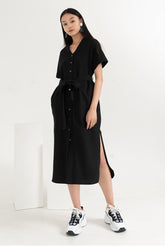 Linen Midi Shirt Dress With V-Neckline, Waist Tie Belt, Short Sleeves And Front Button Closure